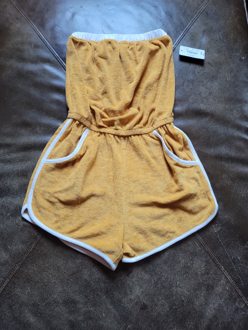 Retro 70s Style Mustard Yellow Terry Strapless Shorts Romper with White Trim